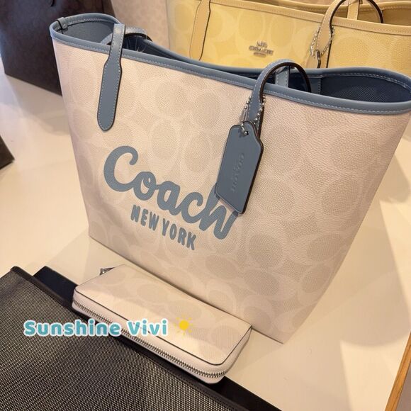 NWT COACH City Tote Bag With Coach Graphic CY705 Coated Canvas/Sv/Chalk/Bluebell